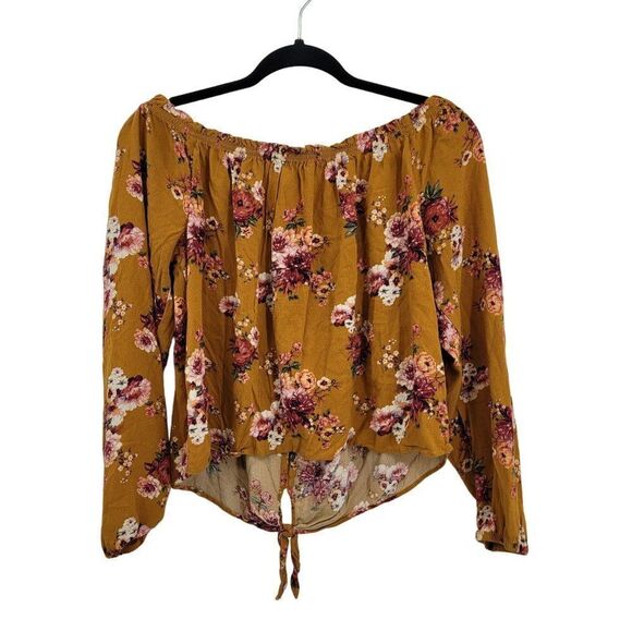 Vintage Rewind Peasant Blouse L Mustard Floral Off Shoulder Crop Button Tie Puff - Picture 3 of 14